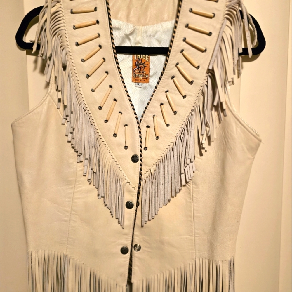 TRIBE AMERICA Leather Vest Native Beaded Fringe Western Cowgirl Sz:10
